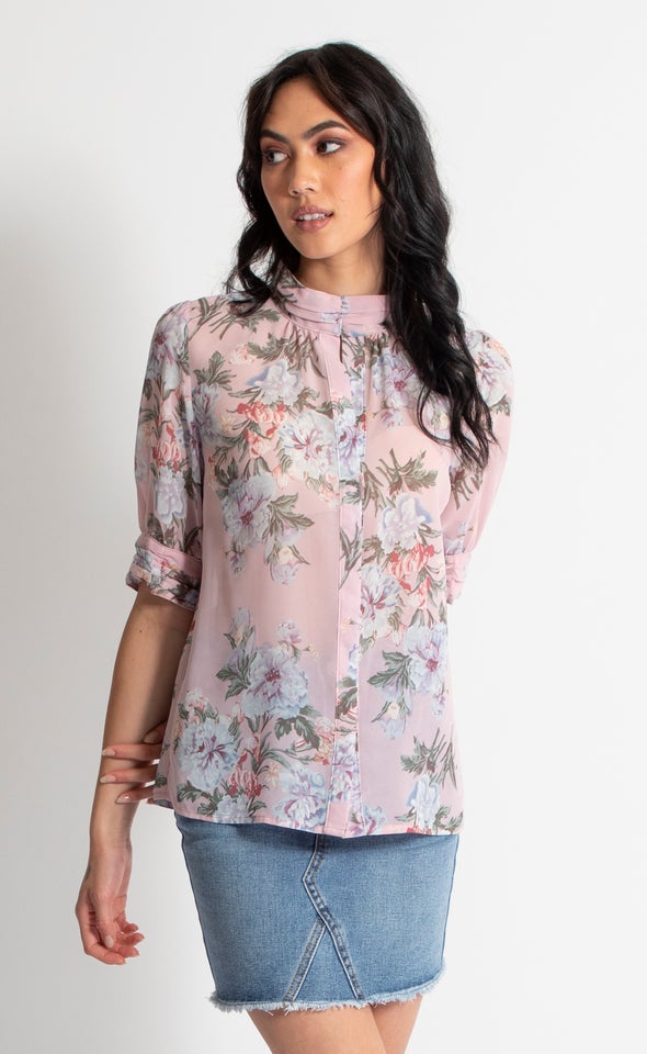 1/2 Sleeve Ruched Shirt Blush Print