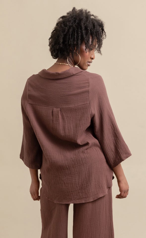 3/4 Sleeve Knot Front Shirt Cocoa