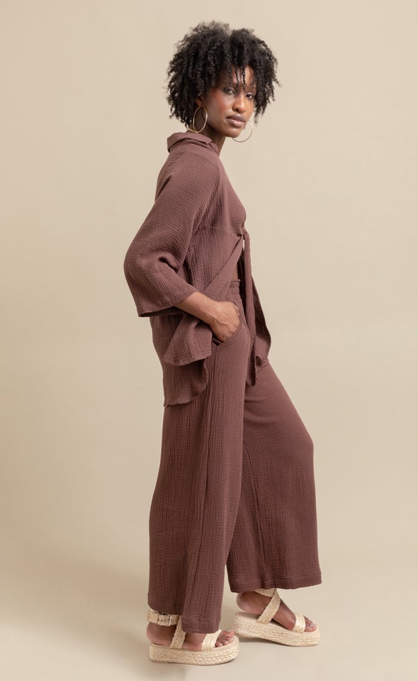 3/4 Sleeve Knot Front Shirt Cocoa