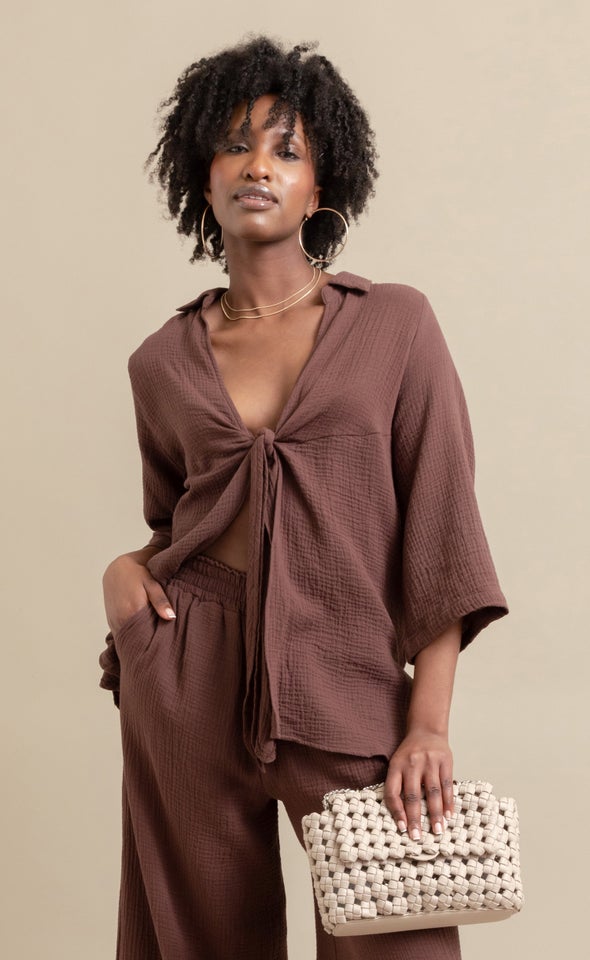 3/4 Sleeve Knot Front Shirt Cocoa