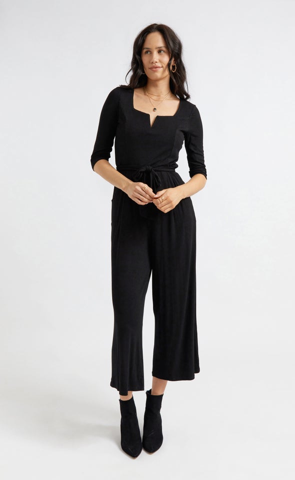 3/4 Sleeve Square Neck Jumpsuit Black