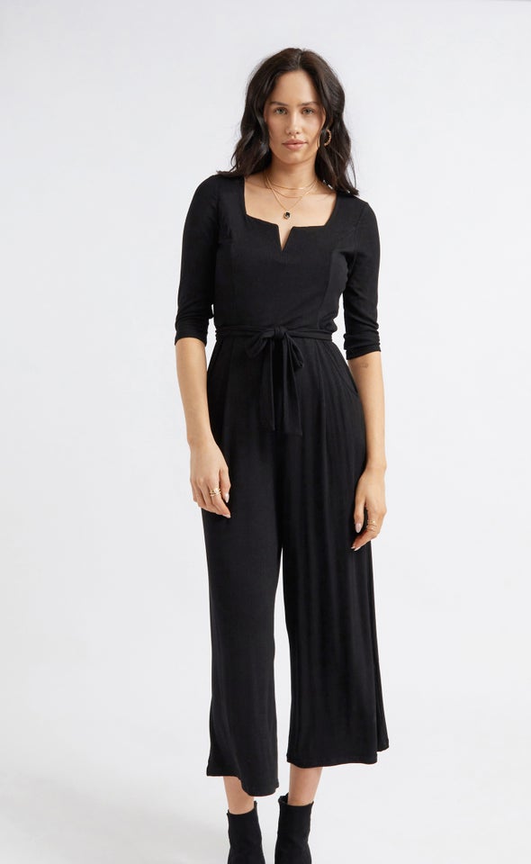 3/4 Sleeve Square Neck Jumpsuit Black