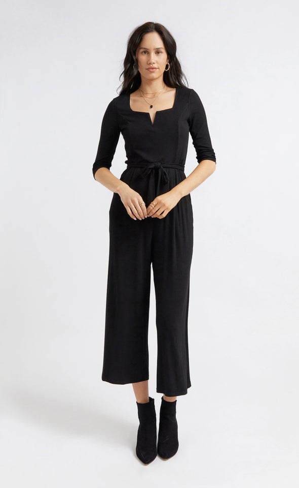 3/4 Sleeve Square Neck Jumpsuit Black