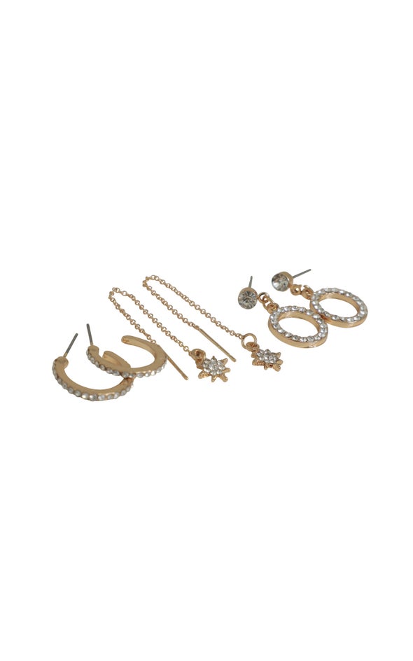 3PK Diamante Earrings Gold