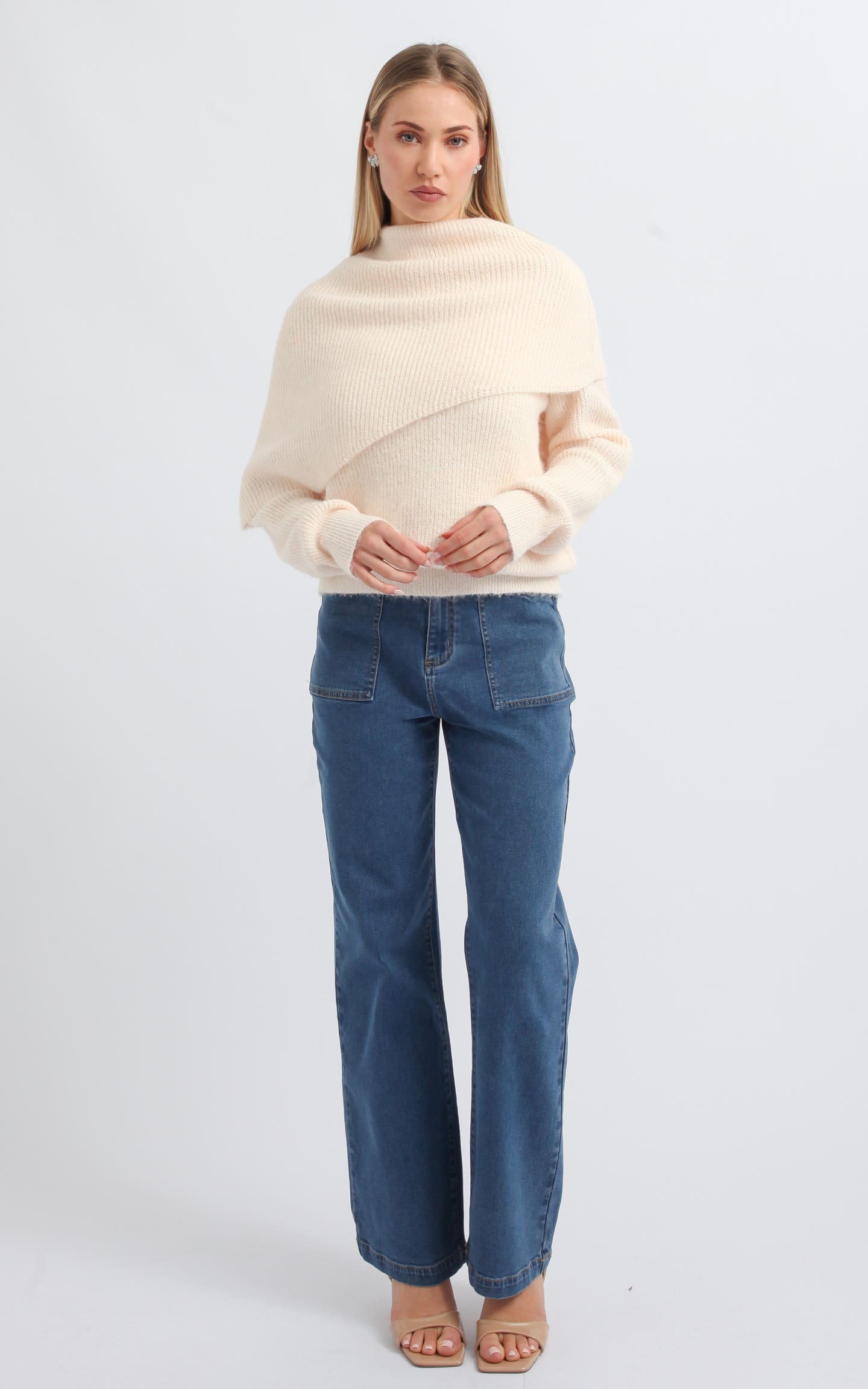 Angora Look Fold Over Sweater in Grey Marle