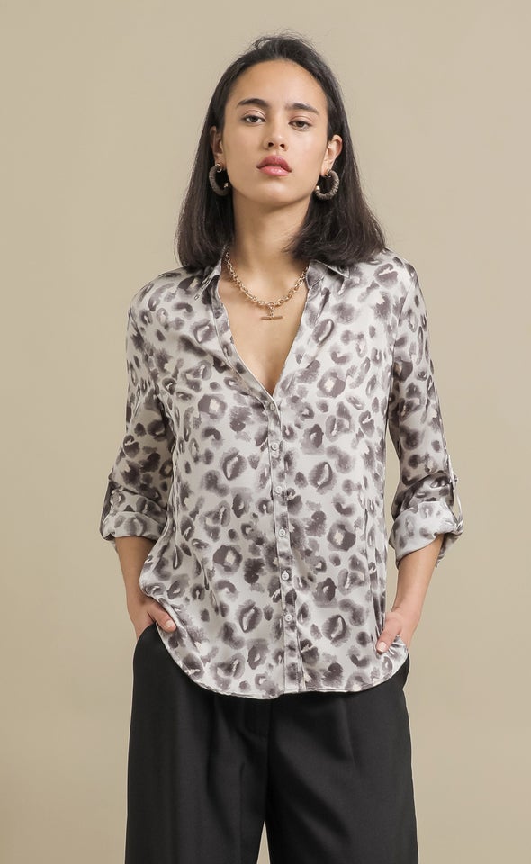 Animal Print Satin Shirt Grey Print