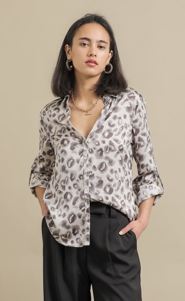 Animal Print Satin Shirt Grey Print