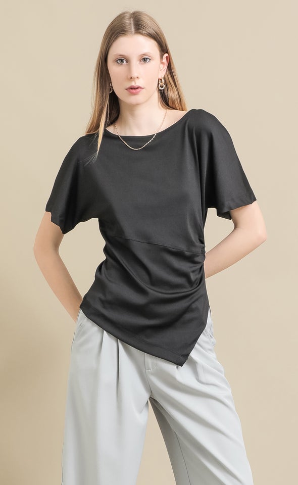 Asym Hem Ruched Tee Black