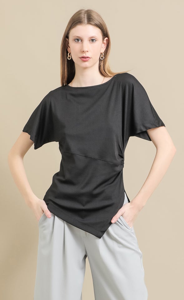 Asym Hem Ruched Tee Black