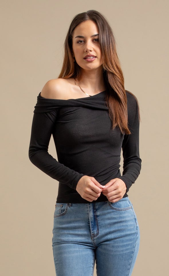 Asymetrical Boat Neck Top Black