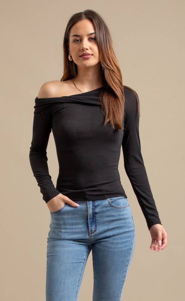 Asymetrical Boat Neck Top Black