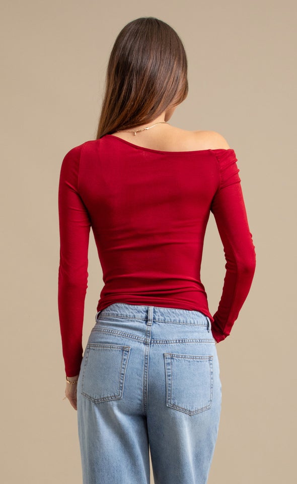 Asymetrical Boat Neck Top Cherry