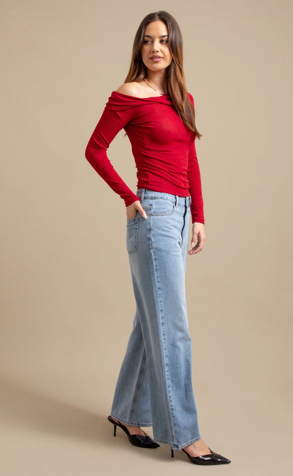 Asymetrical Boat Neck Top Cherry