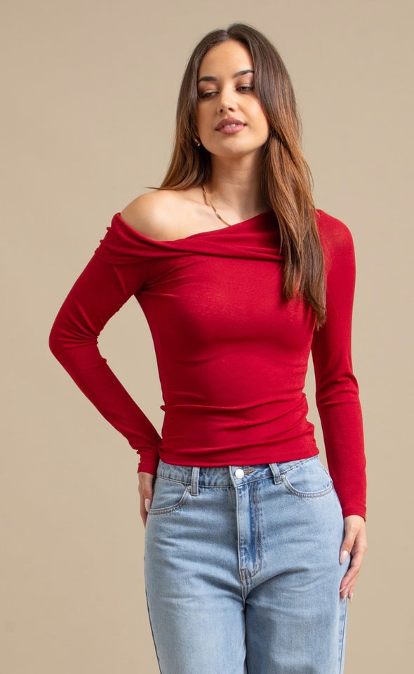 Asymetrical Boat Neck Top Cherry