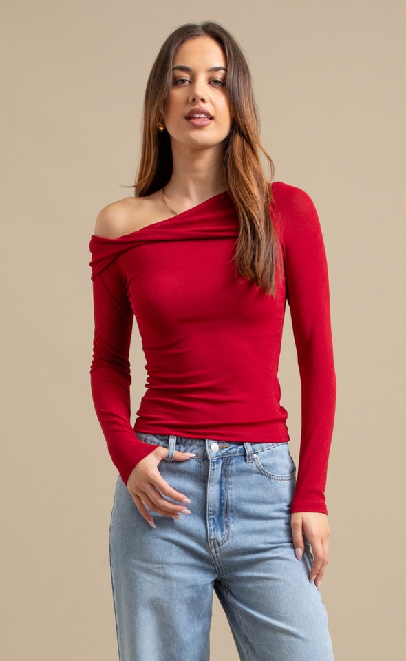 Asymetrical Boat Neck Top Cherry