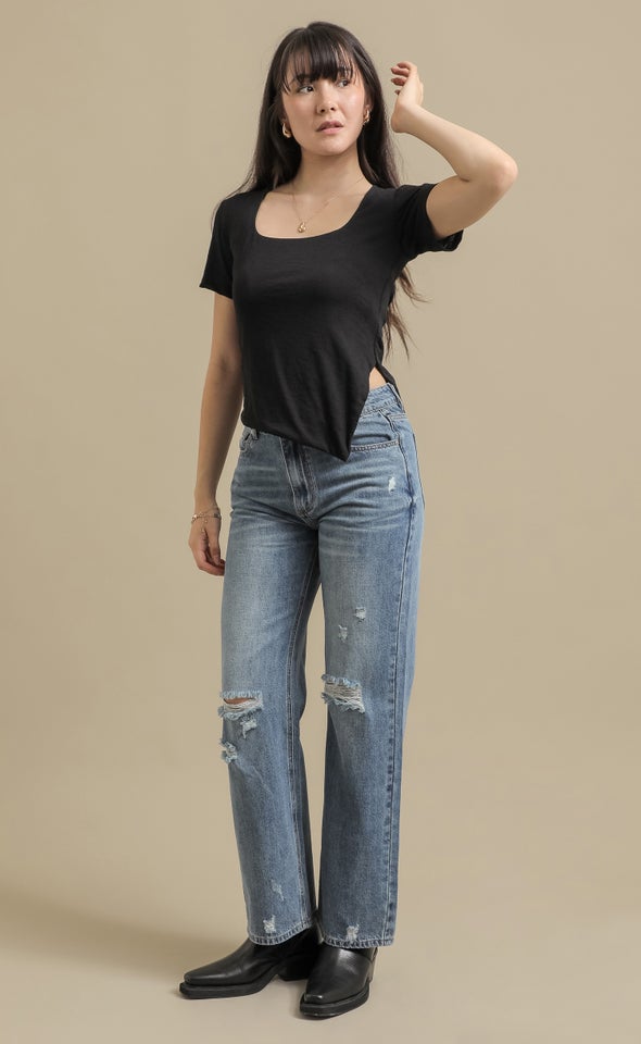 Asymm Hem Wide Scoop Top Black
