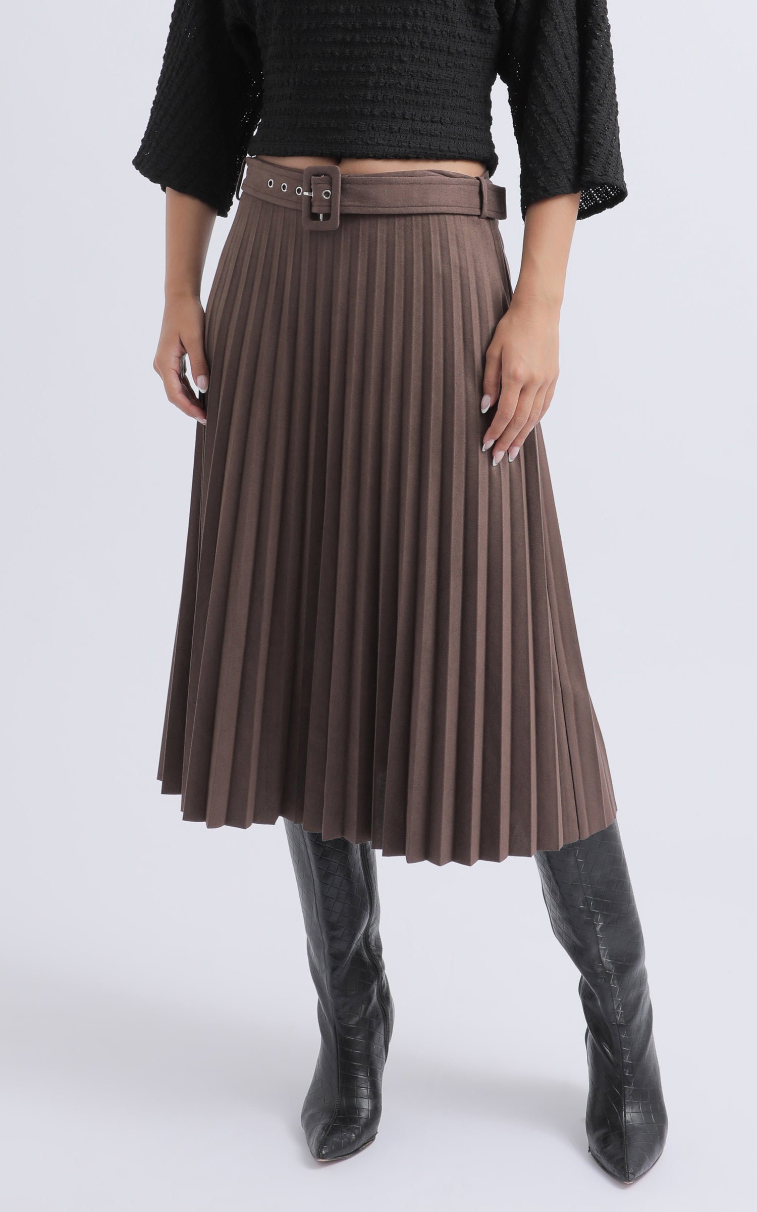 Shop our Belted Faux Suede Pleat Skirt in Chocolate | Pagani