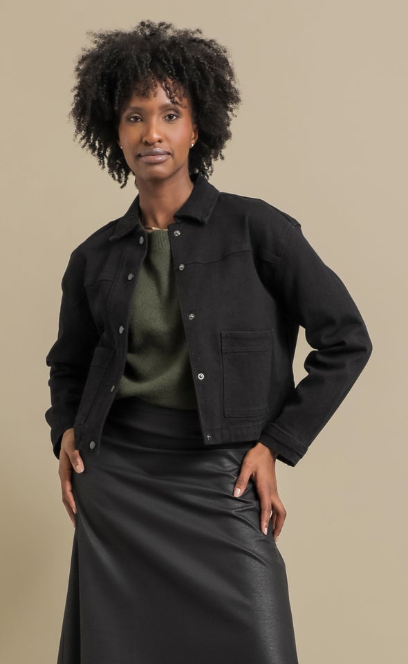 Black Denim Cropped Shacket Black