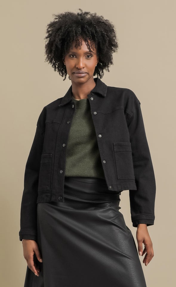 Black Denim Cropped Shacket Black