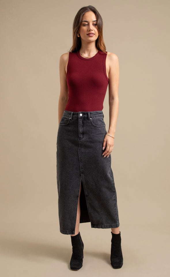 Black Denim Midi with Front Split Black