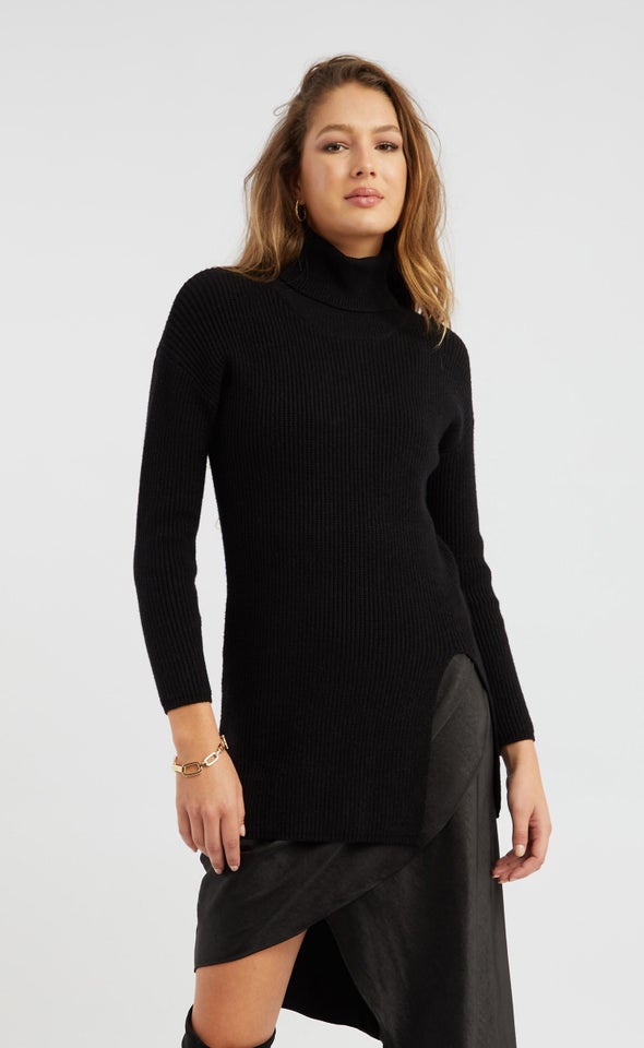 Roll Neck Front Split Tunic Black
