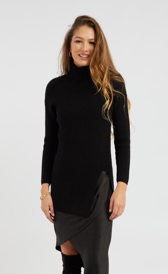 Roll Neck Front Split Tunic Black