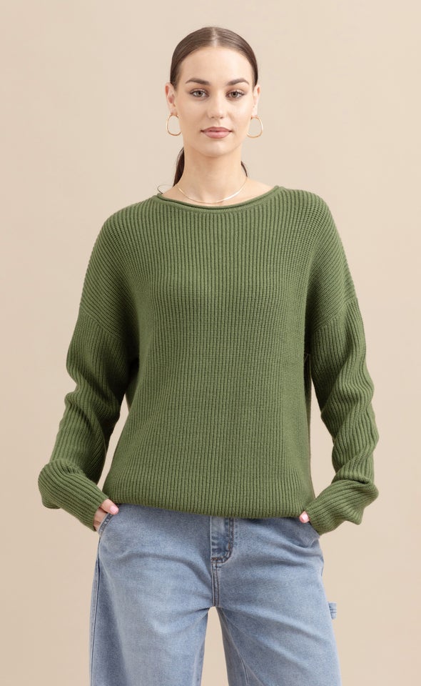 Boatneck Ribbed Sweater Olive