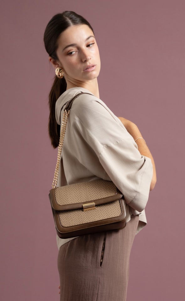 Border Printed Handbag Tan/beige