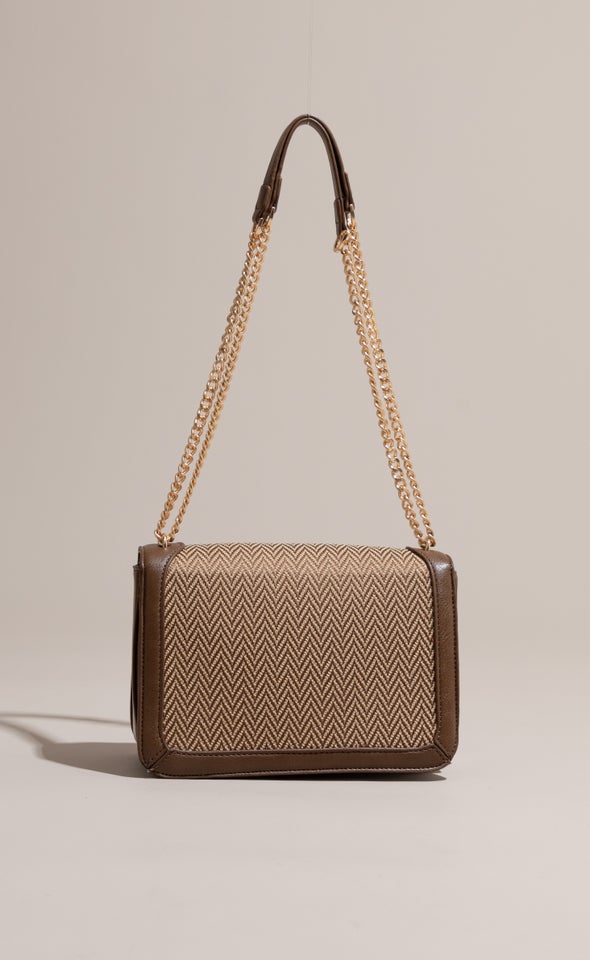 Border Printed Handbag Tan/beige