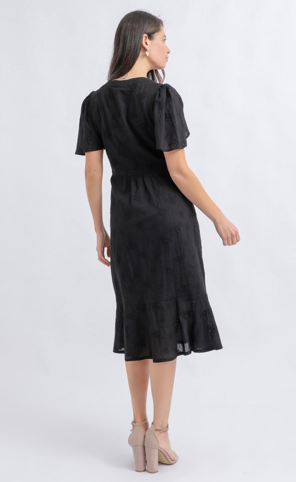Broderie Button Front Dress Black