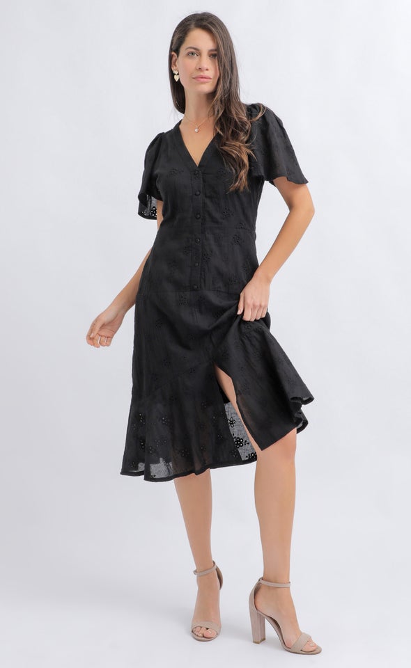 Broderie Button Front Dress Black