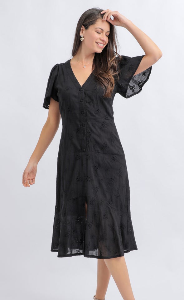 Broderie Button Front Dress Black