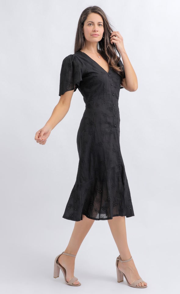 Broderie Button Front Dress Black