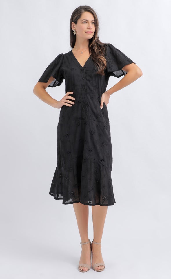 Broderie Button Front Dress Black