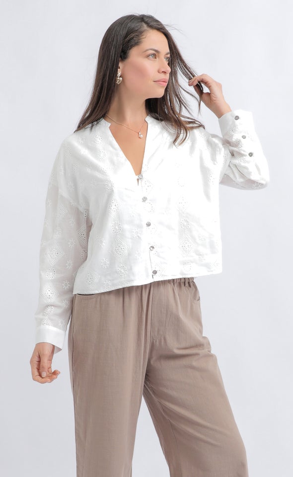Broderie Collarless Shirt White