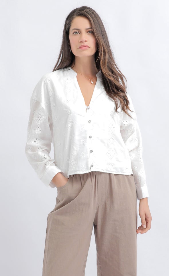 Broderie Collarless Shirt White