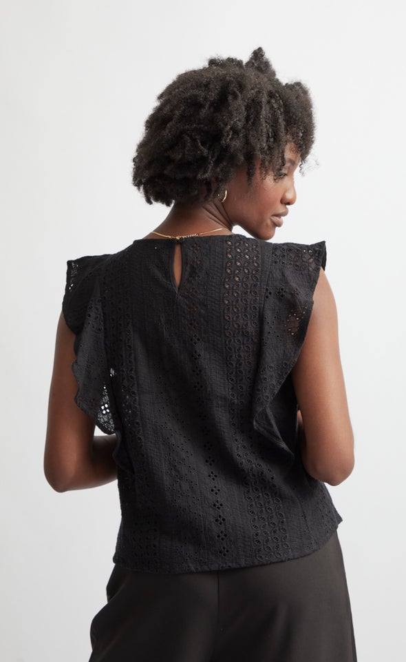Broderie Lace Frill Sleeve Top Black