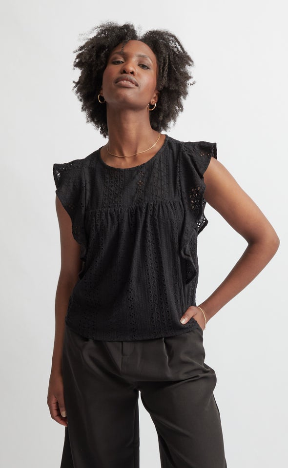 Broderie Lace Frill Sleeve Top Black