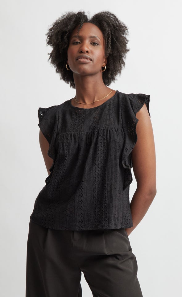 Broderie Lace Frill Sleeve Top Black