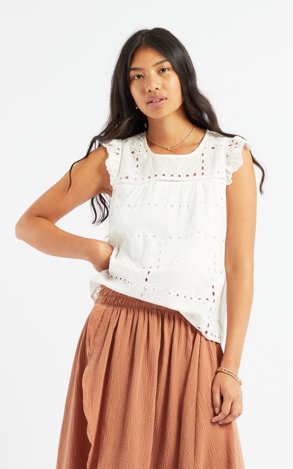 Broderie Lace Frill Sleeve Top Cream