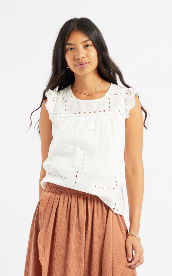 Broderie Lace Frill Sleeve Top Cream