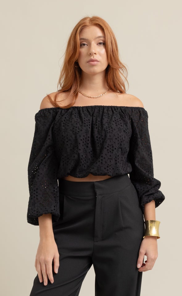 Broderie Off The Shoulder Top Black