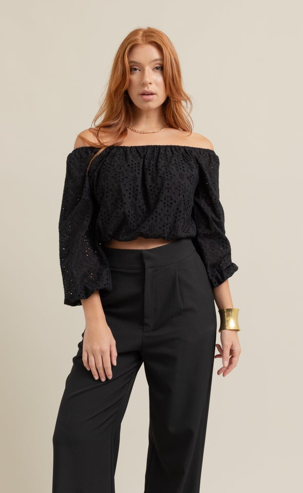 Broderie Off The Shoulder Top Black