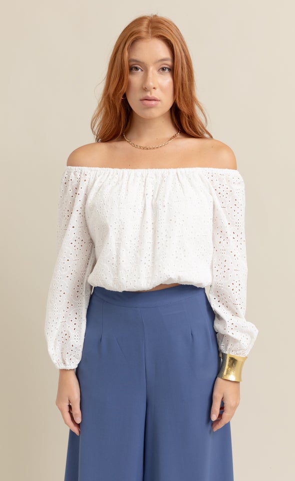 Broderie Off The Shoulder Top White