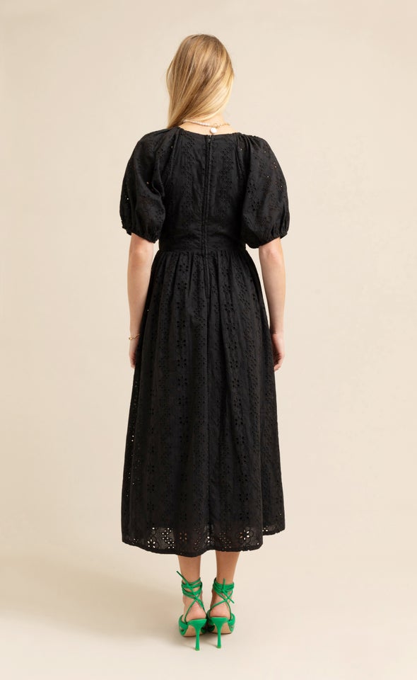 Broderie Panelled Midi Dress Black