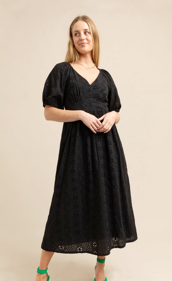 Broderie Panelled Midi Dress Black