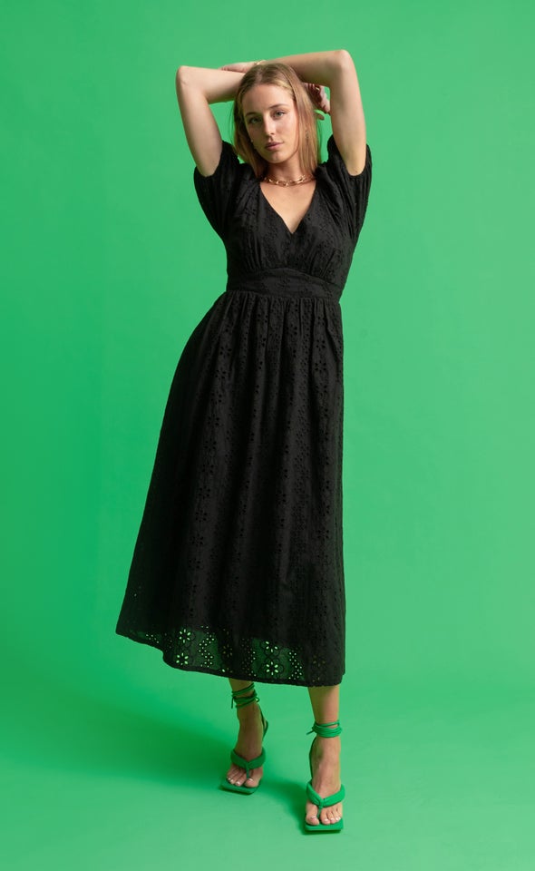 Broderie Panelled Midi Dress Black