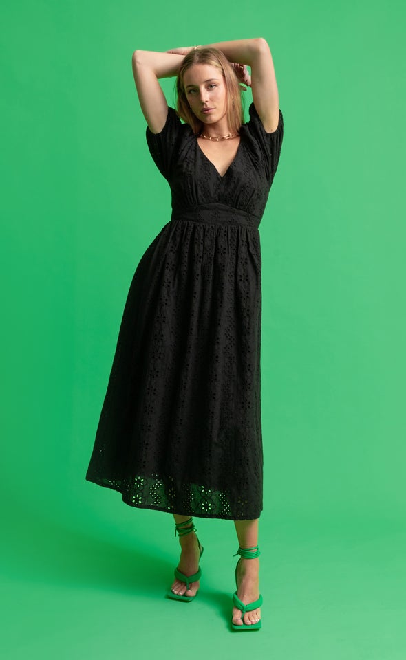 Broderie Panelled Midi Dress Black
