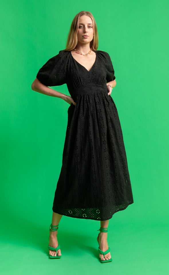 Broderie Panelled Midi Dress Black