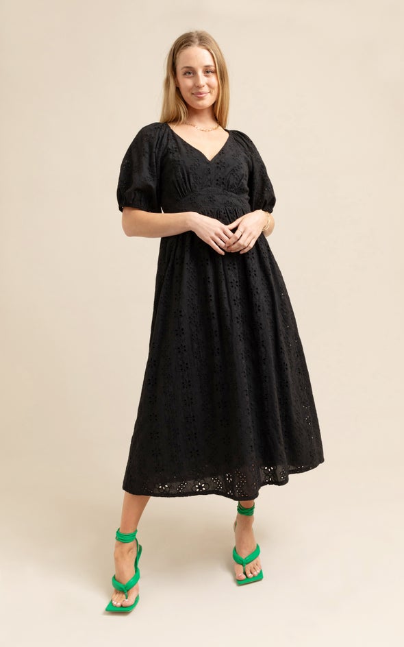 Broderie Panelled Midi Dress Black